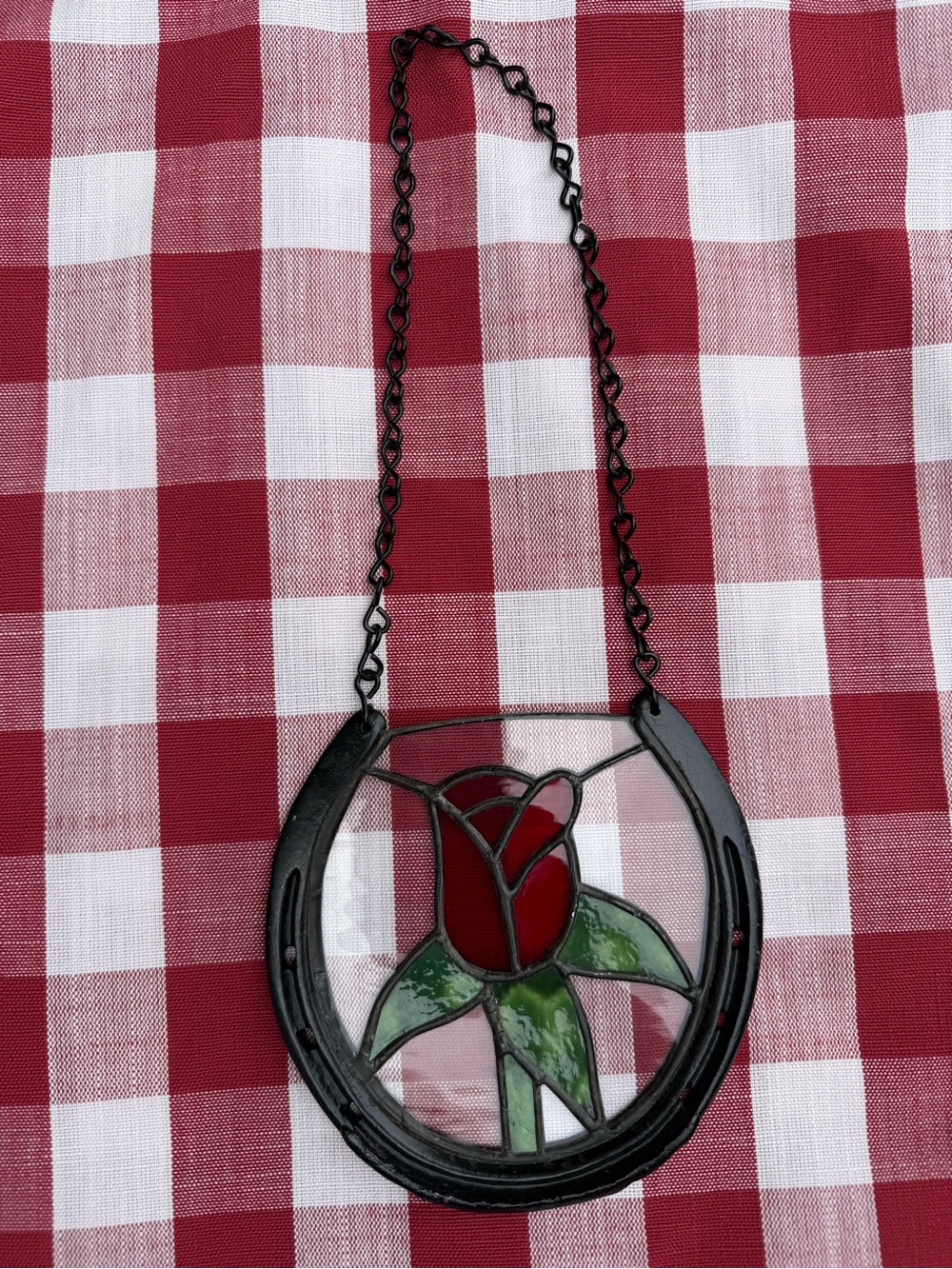 Handmade‎ Stained Glass Rose Horseshoe Window Decor Equestrian
